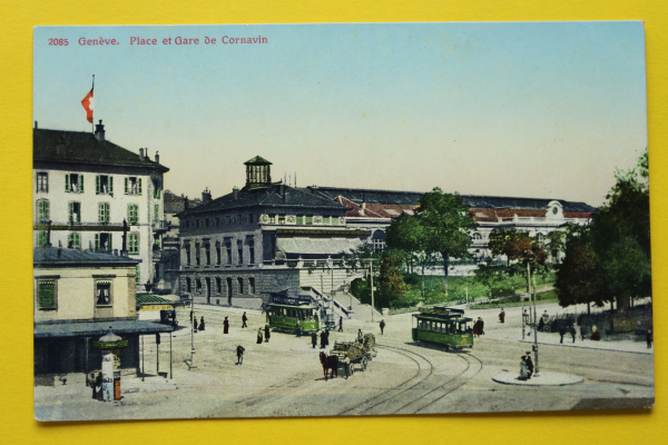 Ansichtskarte AK Genf / Bahnhof / 1910-1925 / Platz Cornavin – Straßenbahn – Litfaßsäule – Pferdefuhrwerk